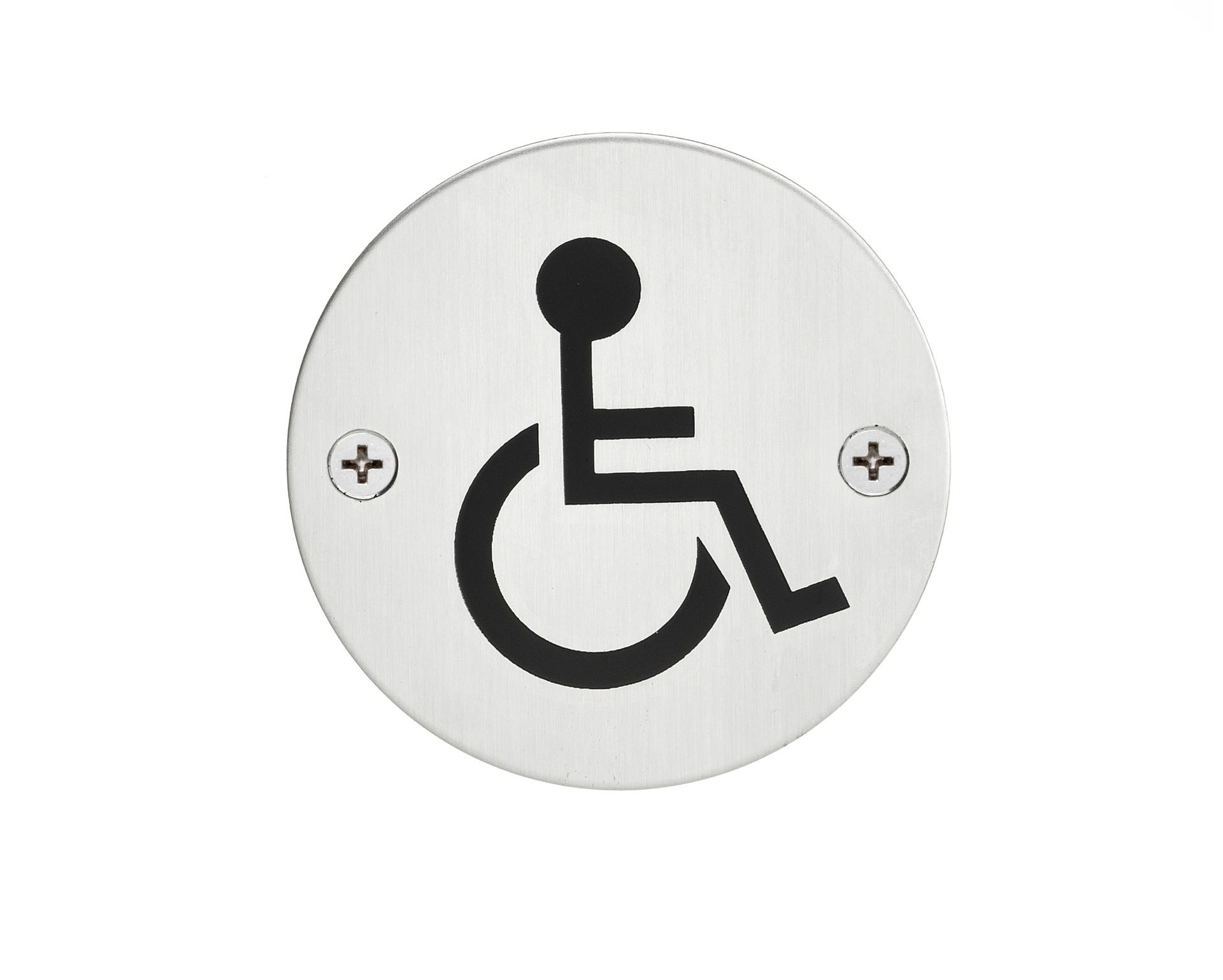 Eurolaton | Ein rundes Metallschild aus Edelstahl mit dem internationalen Symbol für Barrierefreiheit, das eine Person im Rollstuhl zeigt, befestigt mit zwei Schrauben. Der weiße Hintergrund passt gut zu den Türstopper-Edelstahl-Accessoires.
